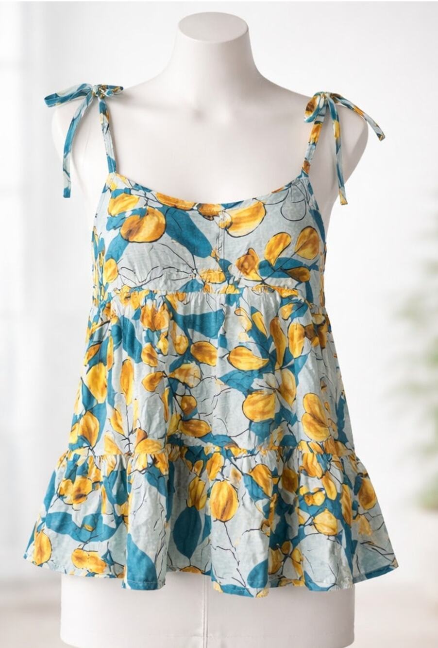 Mine Anthropologie Floral Tie Strap Tiered Babydoll Tank Top Size Small NWOT